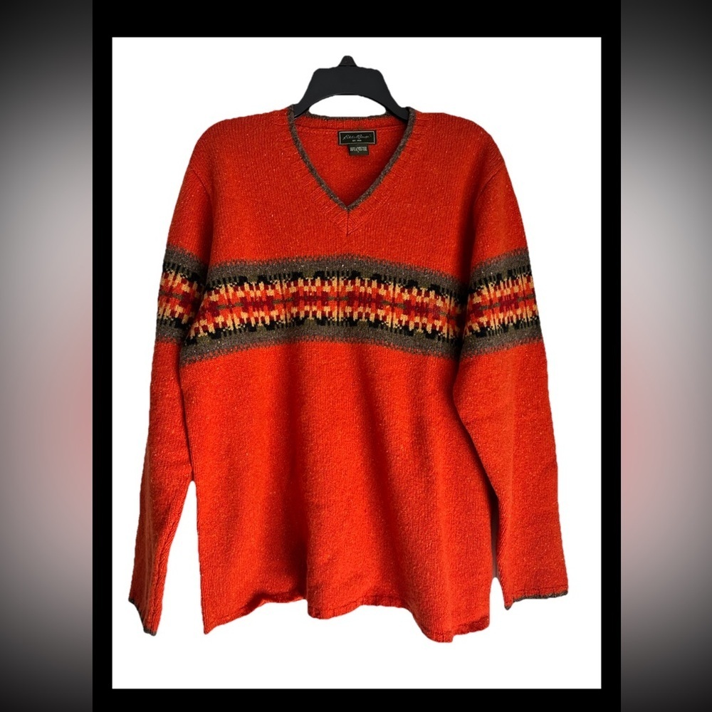 Eddie Bauer VINTAGE V-Neck Lambswool Sweater Orange with Patterned Stripe Sz L